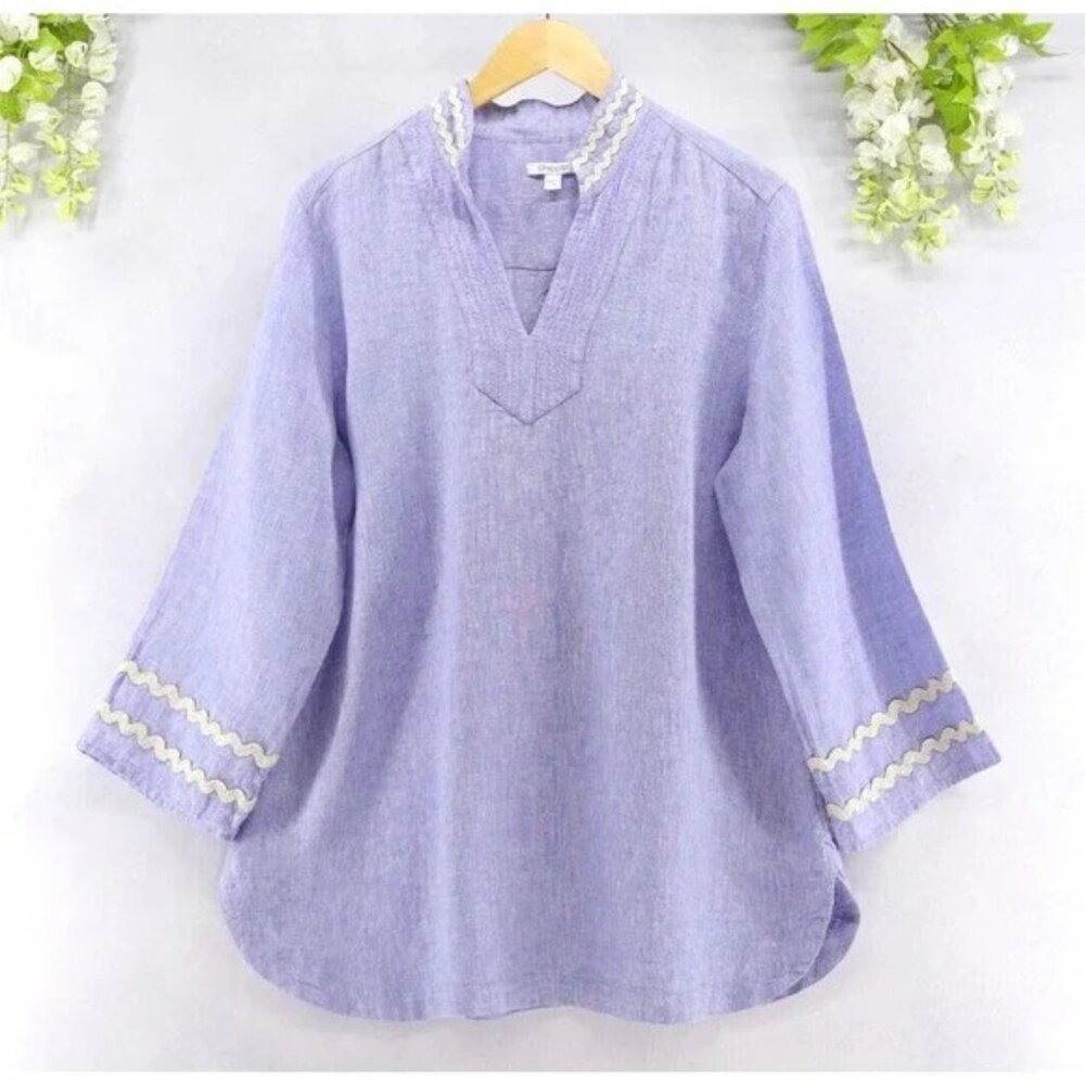 Chico's Women's Sz 3 Embroidered Linen Rick Rack Trim Tunic Blue Veil Top